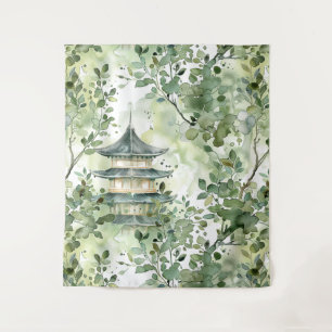 Tapete De Parede Pagoda Asiática de Aquarela na Paisagem Verdante (