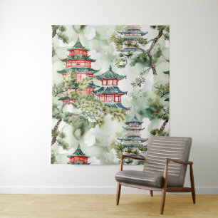 Tapete De Parede Pagoda Asiática de Aquarela na Paisagem Verdante (