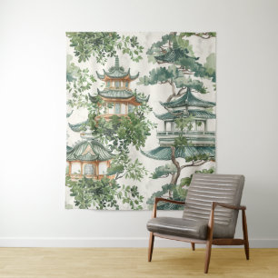 Tapete De Parede Pagoda Asiática de Aquarela na Paisagem Verdante (
