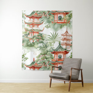 Tapete De Parede Pagoda Asiática de Aquarela na Paisagem Verdante (
