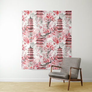 Tapete De Parede Pagoda Chinesa Aquarela com Blossomas de Cereja (9