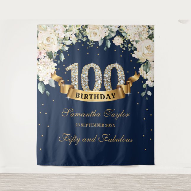 Tapete De Parede Painel de aniversário de 100 anos com folhagem flo (Frente)