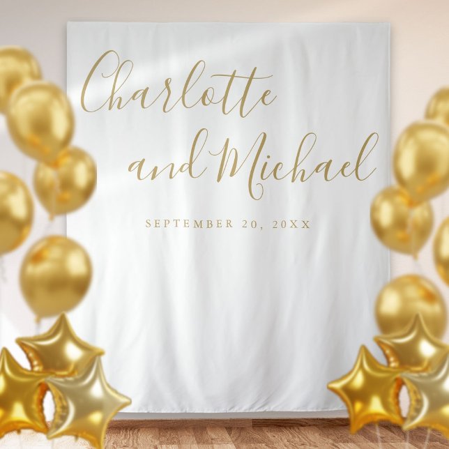 Tapete De Parede Painel de Fundo de Booth de Fotos de Casamento em  (Elegant Gold Script Wedding Photo Booth Backdrop)