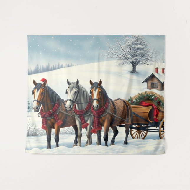 Tapete De Parede Paisagem de inverno com Cavalos e Cabina (Frente (Horizontal))