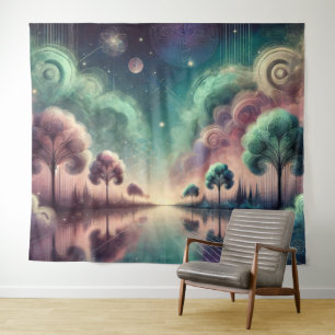 Tapete De Parede Paisagem de Sonho Árvores Giratórias Reflexos Cósm