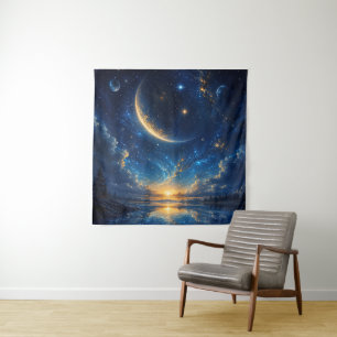 Tapete De Parede Paisagem Fantasia da Lua Crescente Cósmica — Azul 