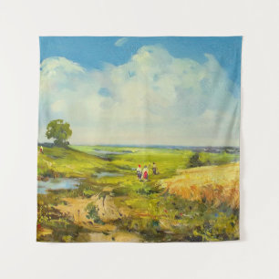 Tapete De Parede paisagem rural com figuras de pessoas perto de uma