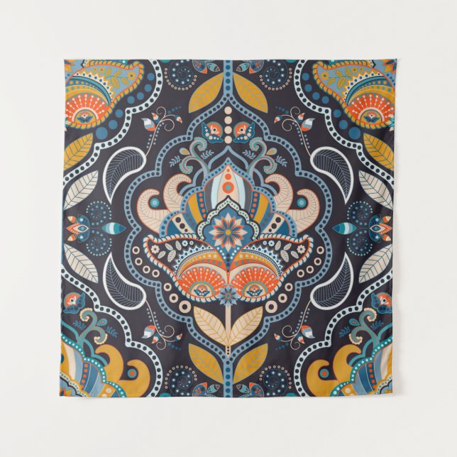 Tapete De Parede Paisley floral seamless pattern. Dark backdrop wit (Frente)