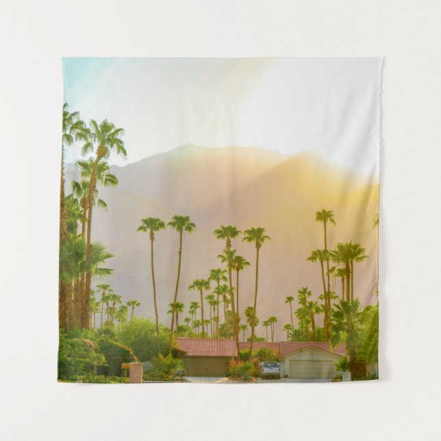 Tapete De Parede Palm Springs sunset day with mountains and palm tr (Frente)