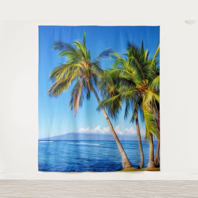Tapete De Parede Palmeiras Tropicais e Molokini da Maui Havaí (Frente)