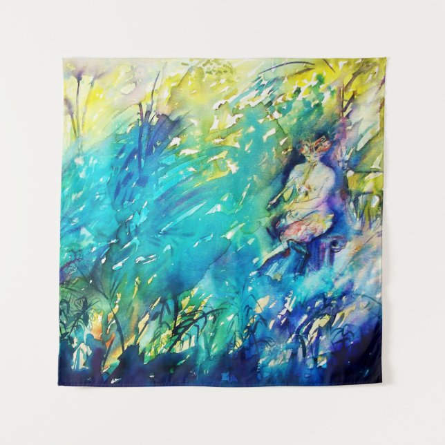 TAPETE DE PAREDE PAN BRINCANDO FLUTA E CERVEJA EM TERRA VERDE (Frente (Horizontal))