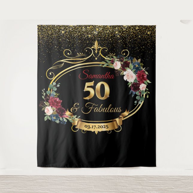 Tapete De Parede Pano de Fundo de Aniversário Floral Burgundy e Nav (Frente)