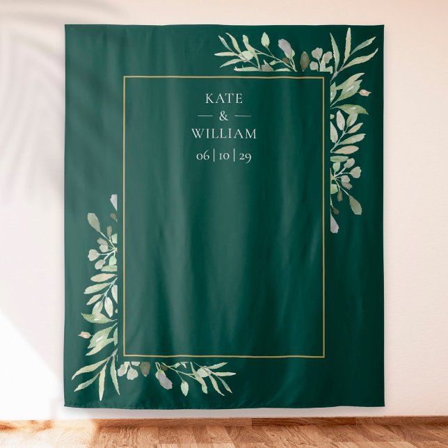 Tapete De Parede Pano de Fundo de Cabine de Fotos de Casamento em V (Emerald Greenery Wedding Photo Booth Backdrop)