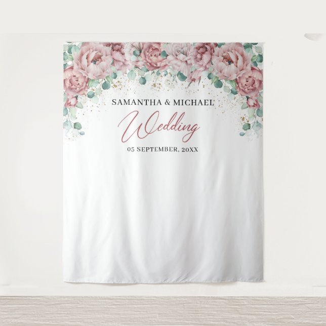 Tapete De Parede Pano de fundo de casamento boho rosa floral dourad (Frente)