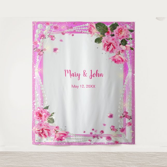 Tapete De Parede Pano de Fundo de Casamento com Rosas Rosa e Pérola (Frente)