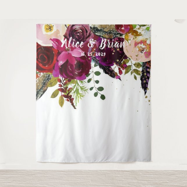 Tapete De Parede Pano de Fundo de Casamento Floral Borgonha Boho Ou (Frente)