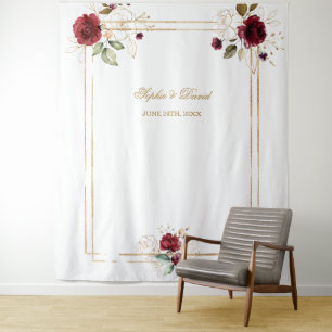 Tapete De Parede Pano de Fundo Floral Borgonha com Moldura Dourada
