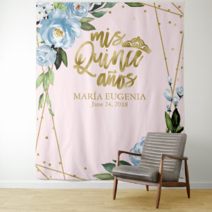 Tapete De Parede Pano de Fundo Floral Rosa Azul com Folha Dourada p