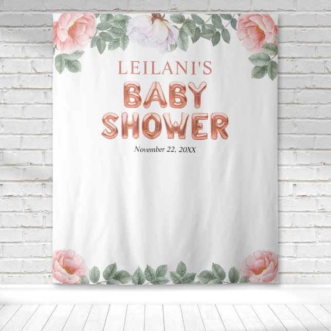 Tapete De Parede Pano de Fundo Floral Rosa com Balões em Rose Gold  (Pink and white peony with rose gold balloon lettered baby shower for a botanical backdrop for photos)