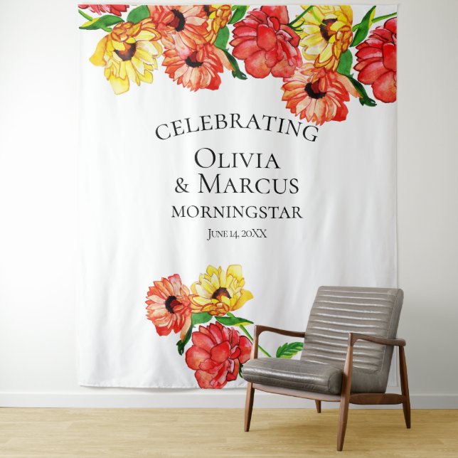 Tapete De Parede Pano de Fundo Floral Vermelho e Amarelo em Aquarel (In Situ)