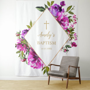 Tapete De Parede Pano de Fundo para Batizado Menina - Flores Roxas
