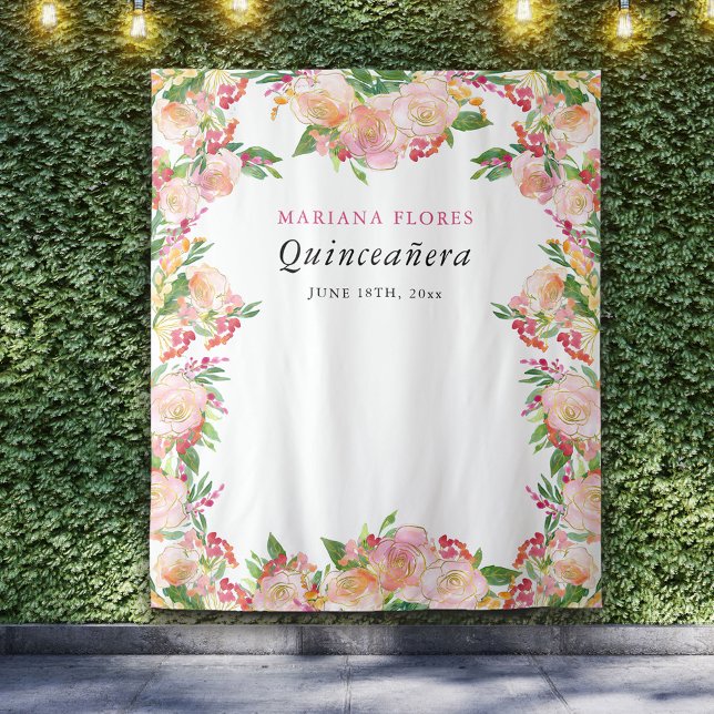 Tapete De Parede Pano de Fundo para Photobooth Floral Chic de Quinc (Blush pink and gold floral party backdrop from my Floral Chic Quinceanera Collection)
