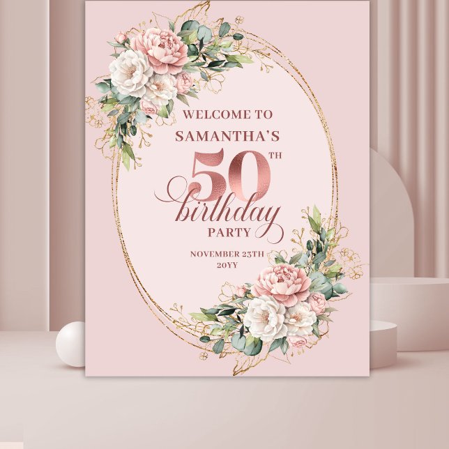 Tapete De Parede Pano de Fundo Sofisticado de Flores Rosadas para 5 (Sophisticated Blush Floral 50th Birthday Backdrop)