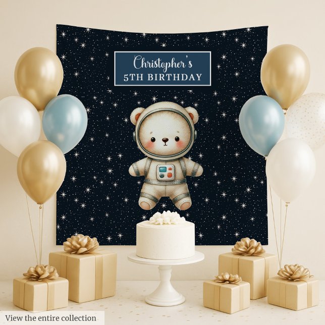 Tapete De Parede Panorama de Astronauta do Ursinho Personalizado (Personalized Teddy Astronaut Boy Birthday Backdrop)