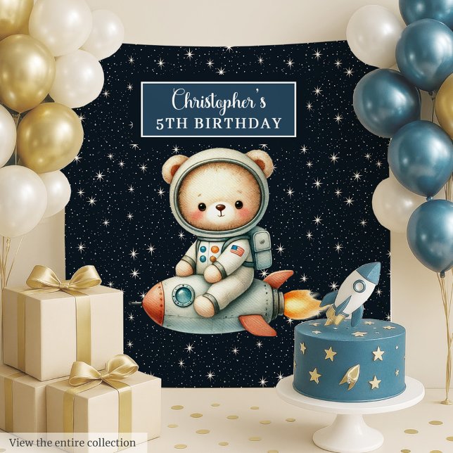 Tapete De Parede Panorama de Astronauta do Ursinho Personalizado (Personalized Teddy Astronaut Boy Birthday Backdrop)