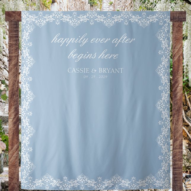 Tapete De Parede Panorama de Casamento de Contato Azul e Branco (chic dusty blue wedding photo backdrop happily ever after saying bride groom date tapestry)