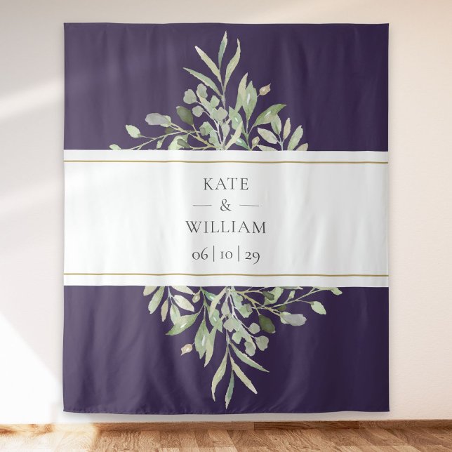 Tapete De Parede Panorâmica de Casamento Roxo Verde Foto Booth (Greenery Purple Wedding Photo Booth Backdrop)