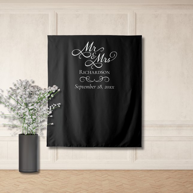 Tapete De Parede Panorâmica de Fotografias de Casamento Elegante (elegant black and white wedding reception photo backdrop photobooth for guests, mr and mrs script)