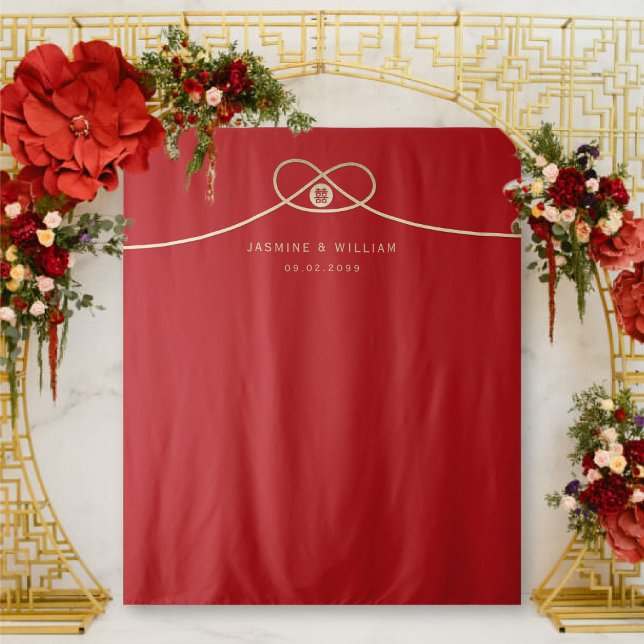 Tapete De Parede Panorâmica de Fotos de Casamento Dourado de Felici (Simple Double Happiness Gold Knot Chinese Wedding Photo Backdrop Tapestry @ fatfatin_red_knot)