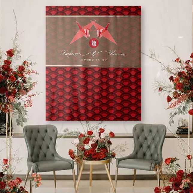 Tapete De Parede Papel Vermelho cai pano de fundo de casamentos de  (Red Origami Paper Cranes Scallop Pattern, Double Happiness Chinese Wedding Photo Backdrop Tapestry)