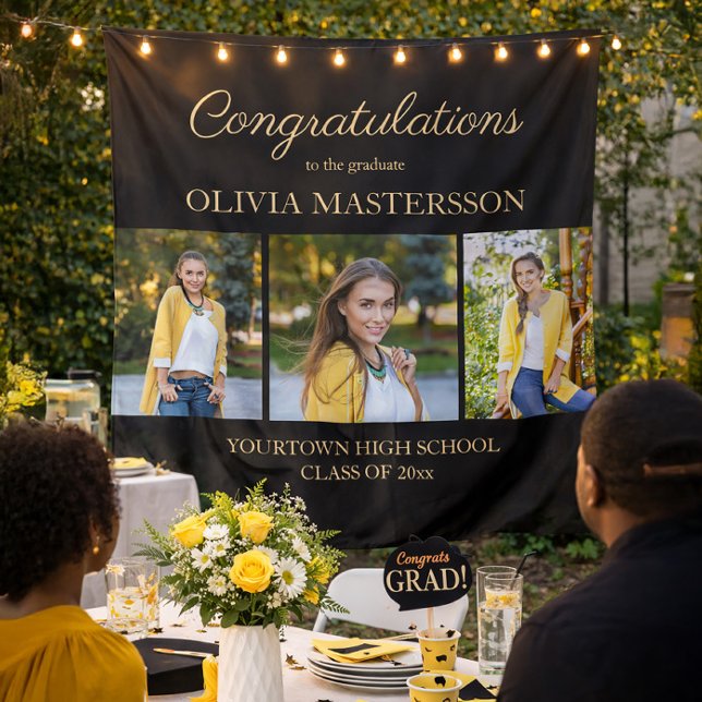 Tapete De Parede Parabéns de Graduação Moderno Preto 3 Fotos (Black 3-photo graduation party tapestry)