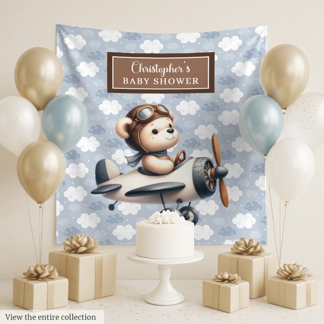 Tapete De Parede Parede de fotos de chá de bebê do piloto clássico  (Classic teddy bear pilot baby shower photo wall Tapestry )