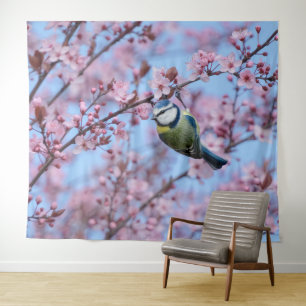 Tapete De Parede Pássaro azul-tit em flores cor-de-rosa japonesas