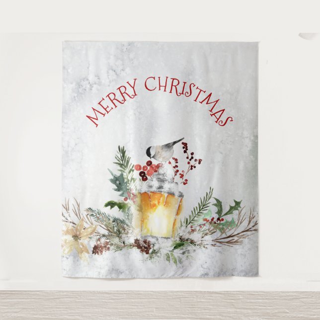 Tapete De Parede Pássaro de Natal na floresta nevada feliz Natal (Frente)