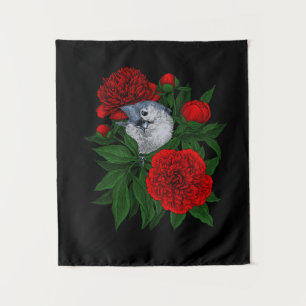 Tapete De Parede Pássaro em um buquê de peônia vermelho