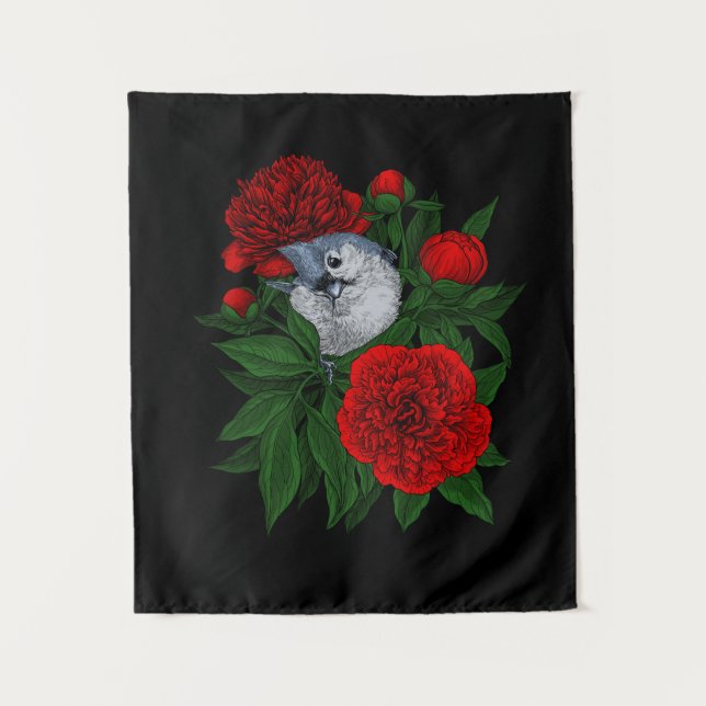 Tapete De Parede Pássaro em um buquê de peônia vermelho (Frente)