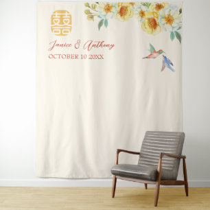 Tapete De Parede Pássaro floral amarelo de casamento chinês