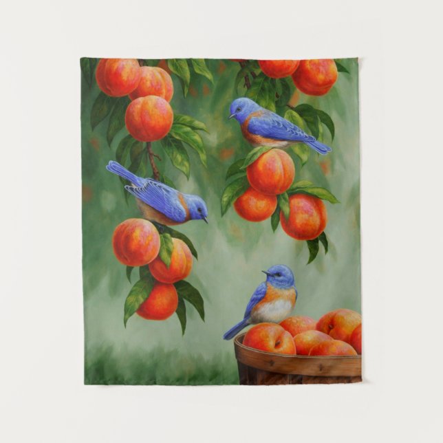 Tapete De Parede Pássaros-azuis em um Pomar de Árvore de Pêssego (Frente)