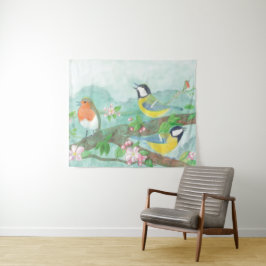 Tapete De Parede Pássaros cantando em um galho de árvore florescent