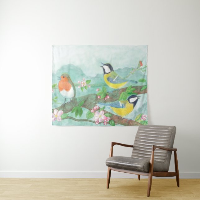 Tapete De Parede Pássaros cantando em um galho de árvore florescent (In Situ (Horizontal))