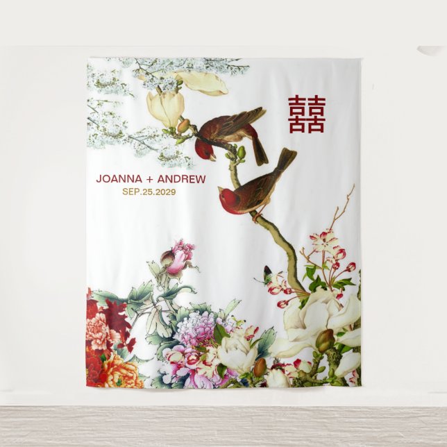 Tapete De Parede Pássaros e Flores Prósperos Amor Casamento Chinês  (Frente)