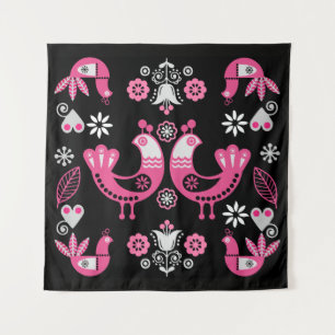 Tapete De Parede Pássaros Rosa e Branco do Folclore Escandinavo