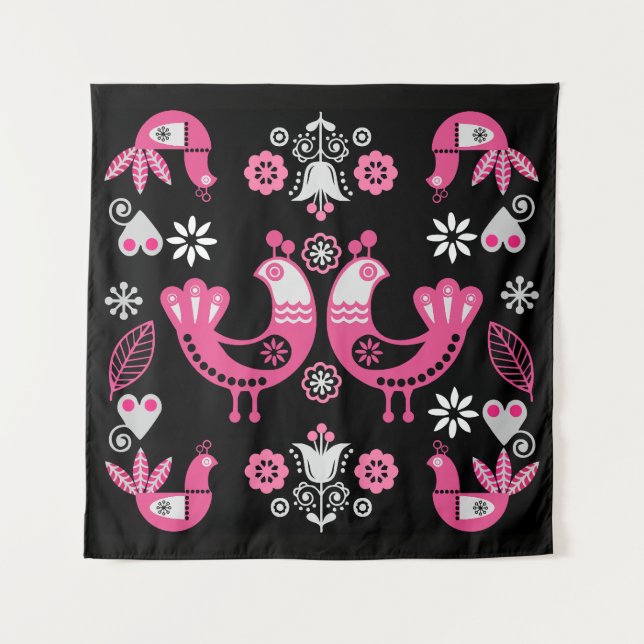 Tapete De Parede Pássaros Rosa e Branco do Folclore Escandinavo (Frente)