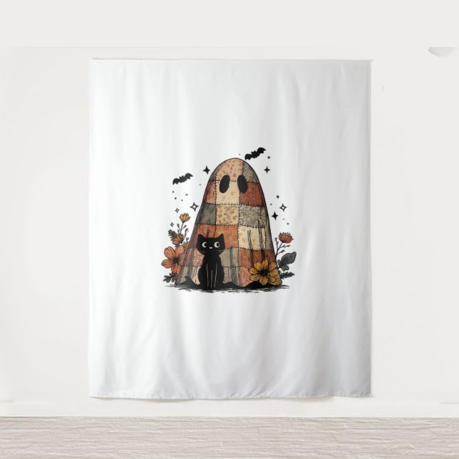 Tapete De Parede Patchwork Halloween Ghost black cat Essential T-Sh (Frente)