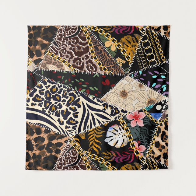 Tapete De Parede Patchwork Leopard: Design de Linhagem Étnica. (Frente)