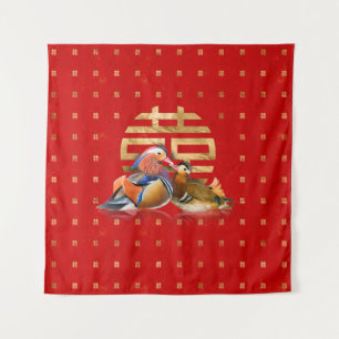 Tapete De Parede Patos mandarim e felicidade dupla em vermelho